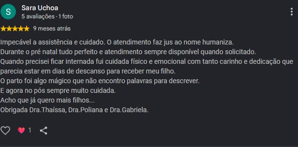 Recorte da avaliação de cinco estrelas publicada por Sara Uchoa no Google