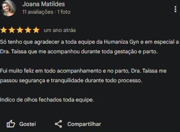 Avaliação completa de cinco estrelas de Joana Matildes no Google